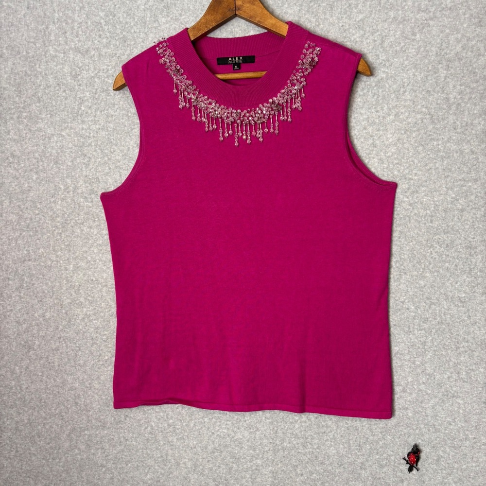 Alex Marie Women's XL Magenta Beaded Neckline Sleeveless Knit Top Sweater Glam